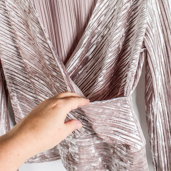 Tahari Large Dusty Beige Pleated Velvet Faux Wrap Top Blouse - Picture 3 of 8